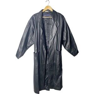 Vtg 80s EXPRESS Black Over Coat Long Trench Leather Jacket SZ  ? Large Women